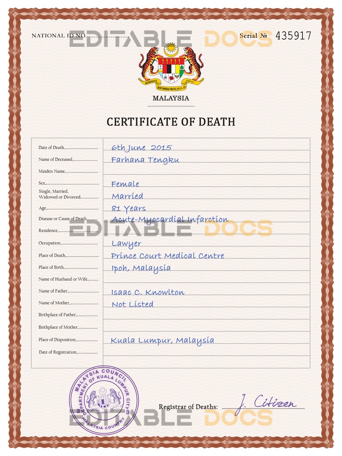 Customizable Malaysia Death Certificate PSD Templates | Instant Download