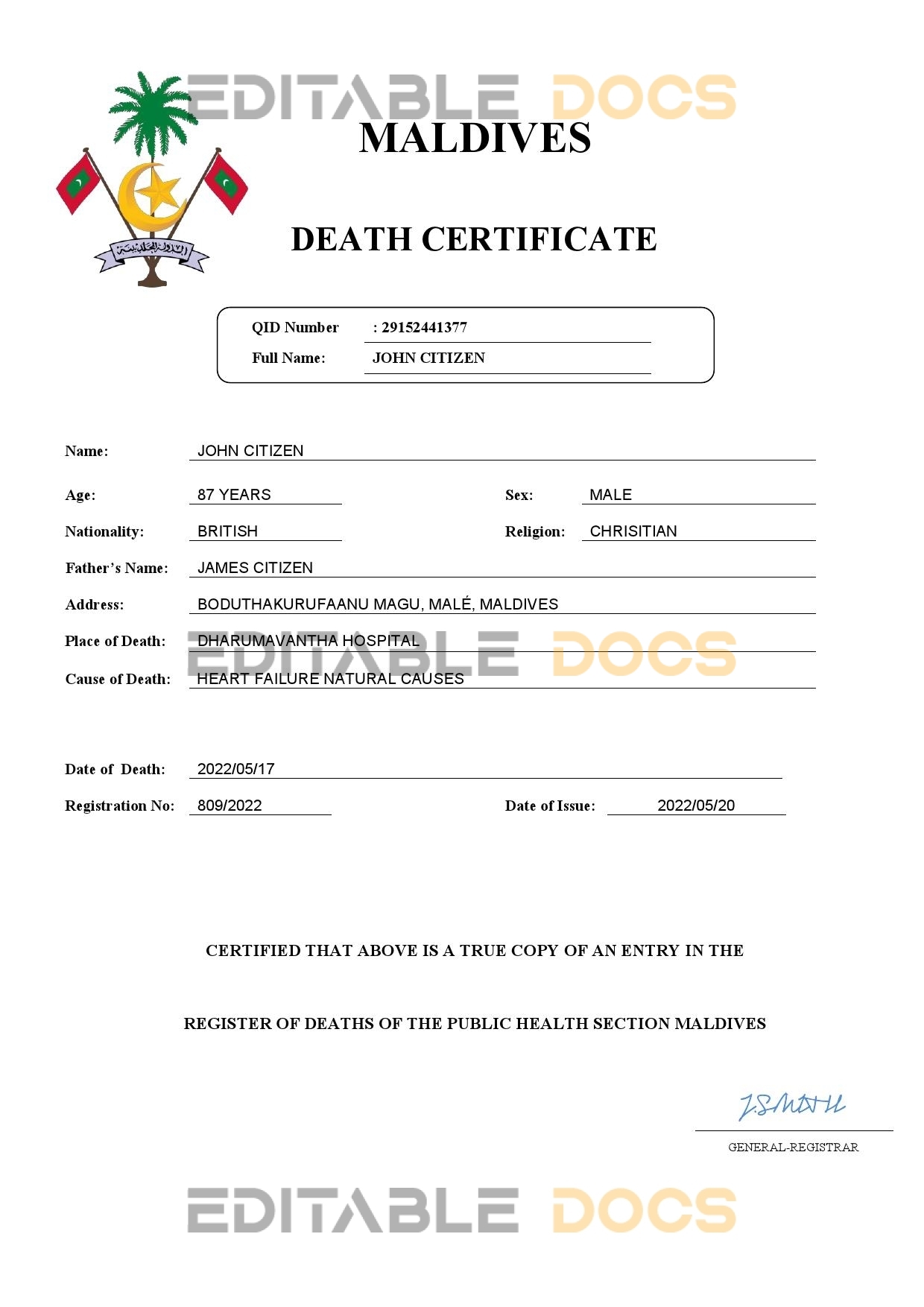Fillable Maldives Death PDF Templates | Blank Docs