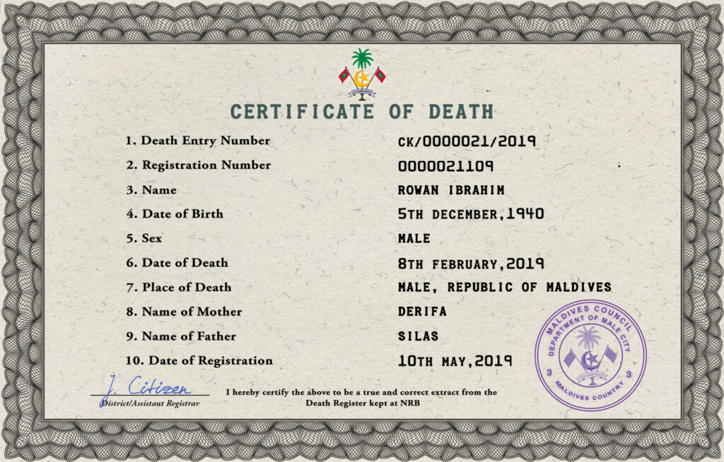 Maldives vital record death certificate PSD template, completely editable