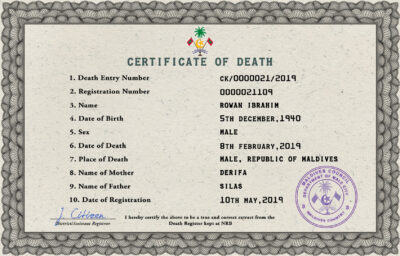 Maldives vital record death certificate PSD template, completely editable