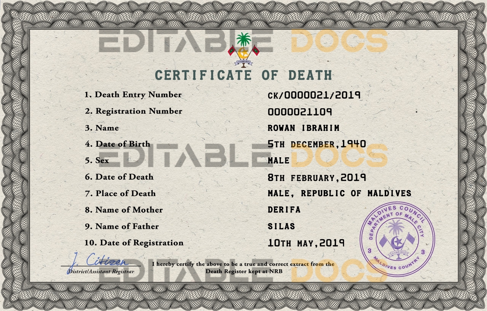 Customizable Maldives Death Certificate PSD Templates | Instant Download