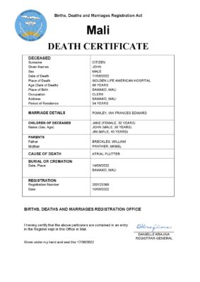 Mali vital record death certificate Word and PDF template
