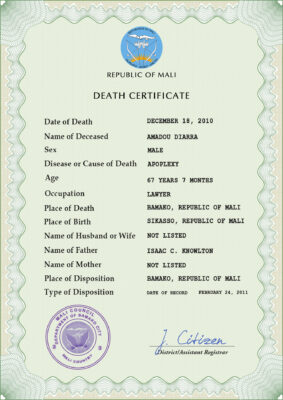 Mali death certificate PSD template, completely editable