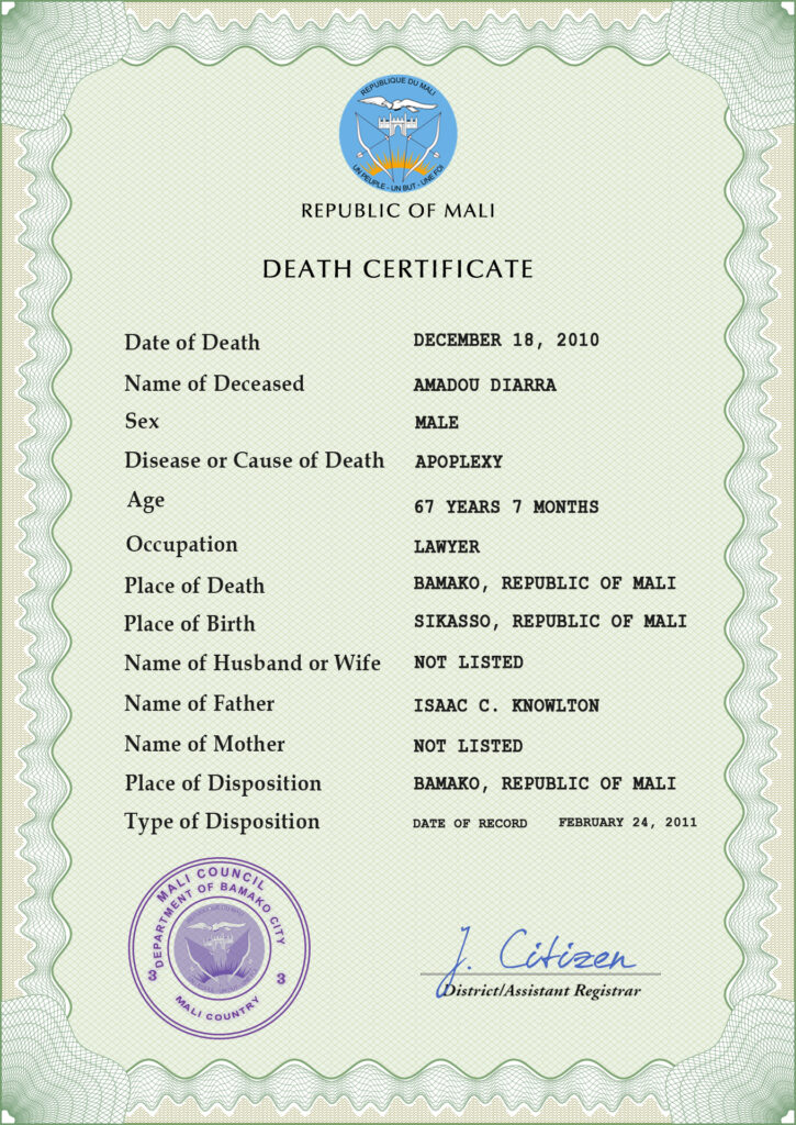 Mali death certificate PSD template, completely editable