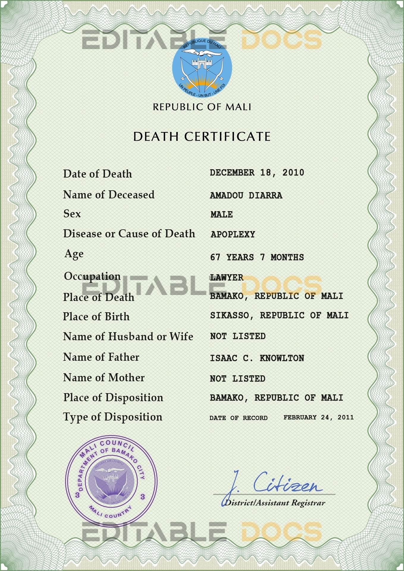 Customizable Mali Death Certificate PSD Templates | Instant Download