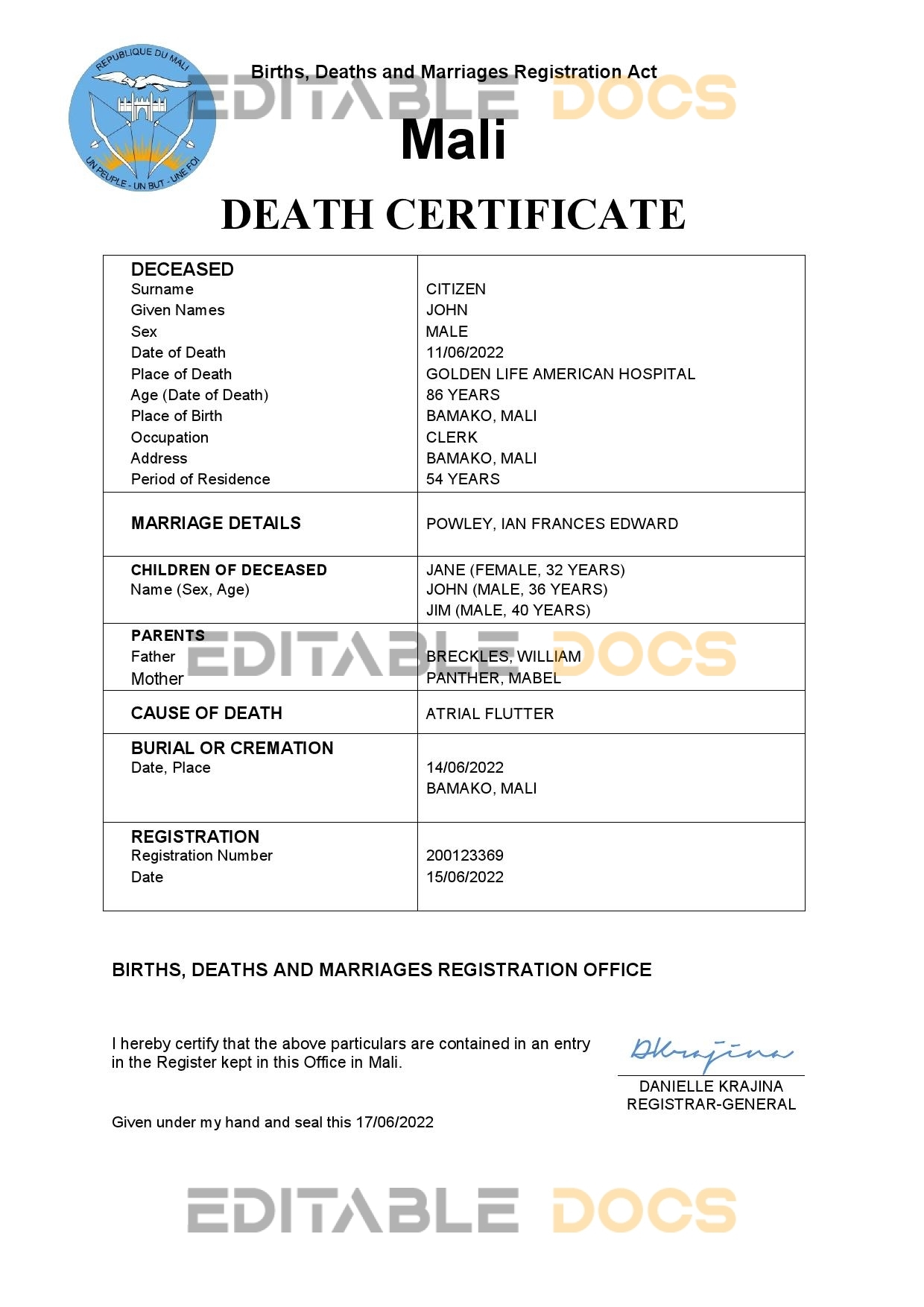 Fillable Mali Death PDF Templates | Blank Docs