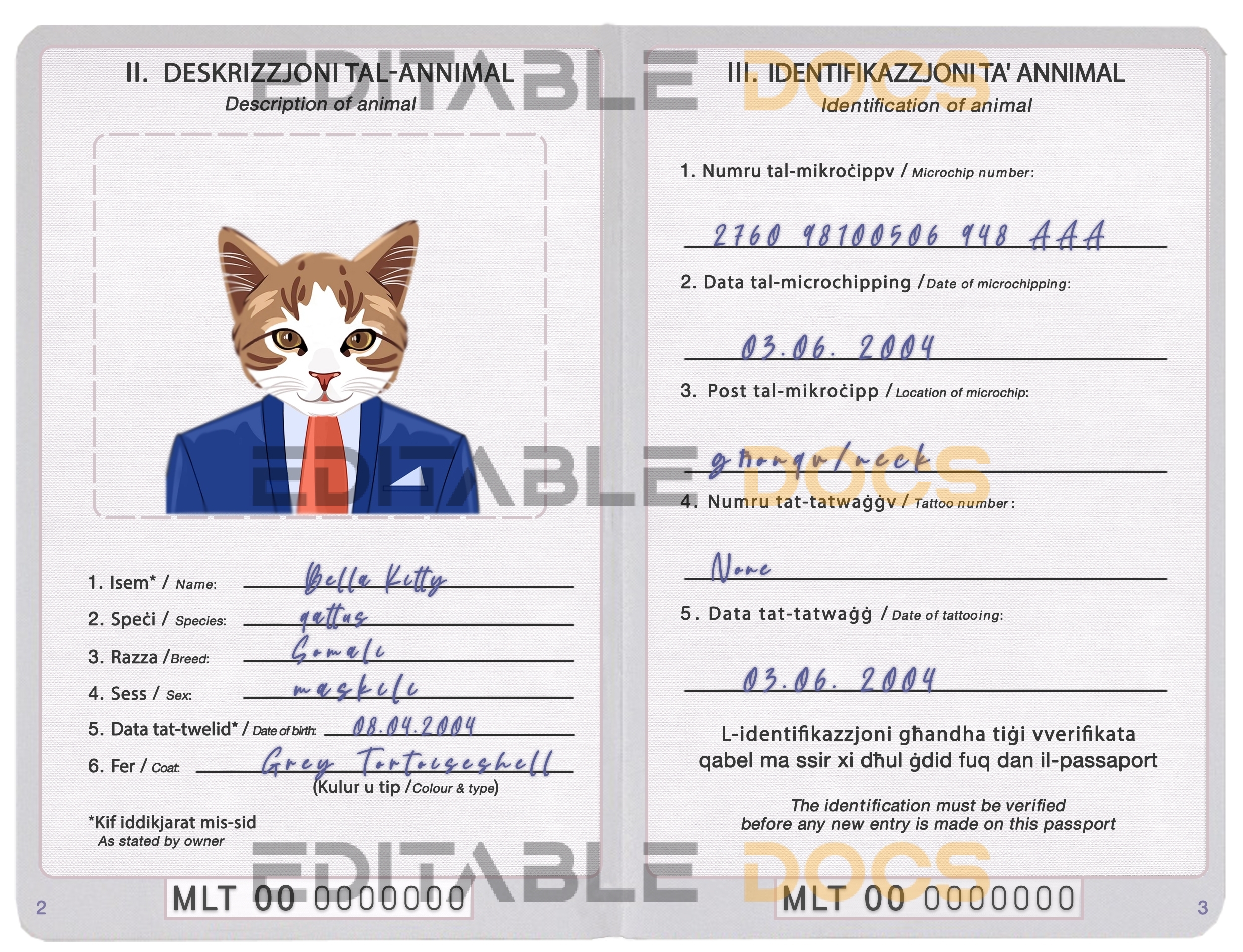 Malta cat Fake PSD Passport | Instant Download