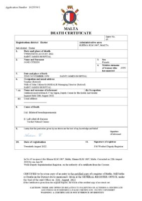 Malta death certificate Word and PDF template, completely editable