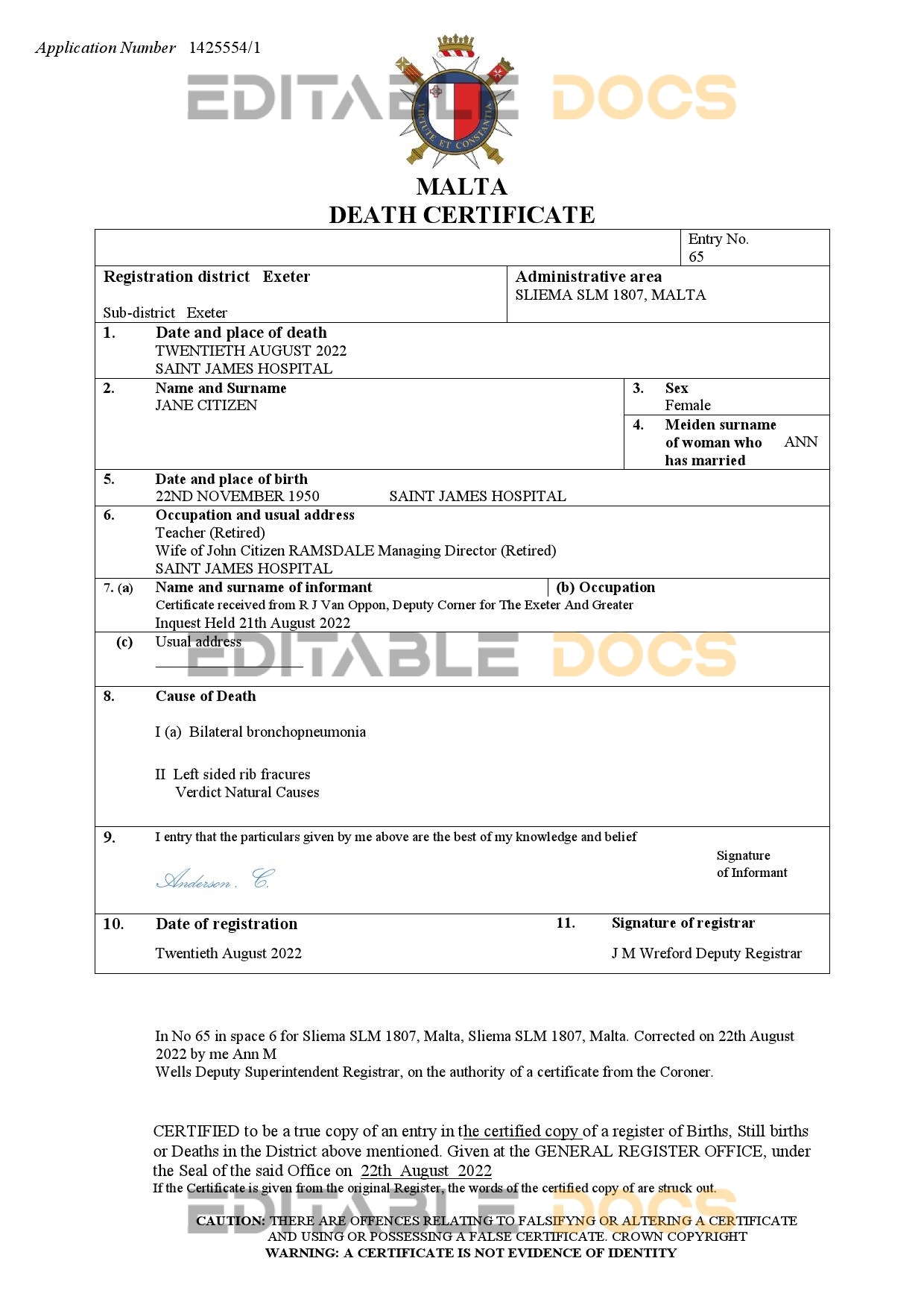 Fillable Malta Death PDF Templates | Blank Docs