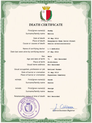 Malta vital record death certificate PSD template