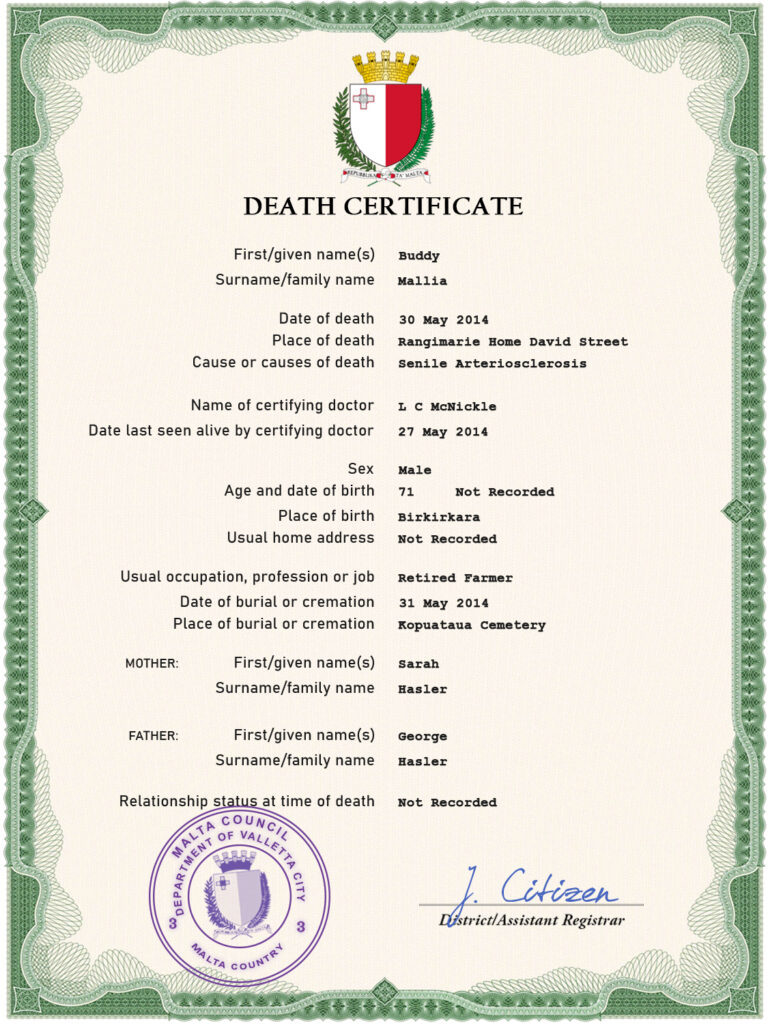 Malta vital record death certificate PSD template