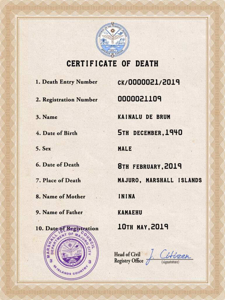 Marshall Islands death certificate PSD template, completely editable
