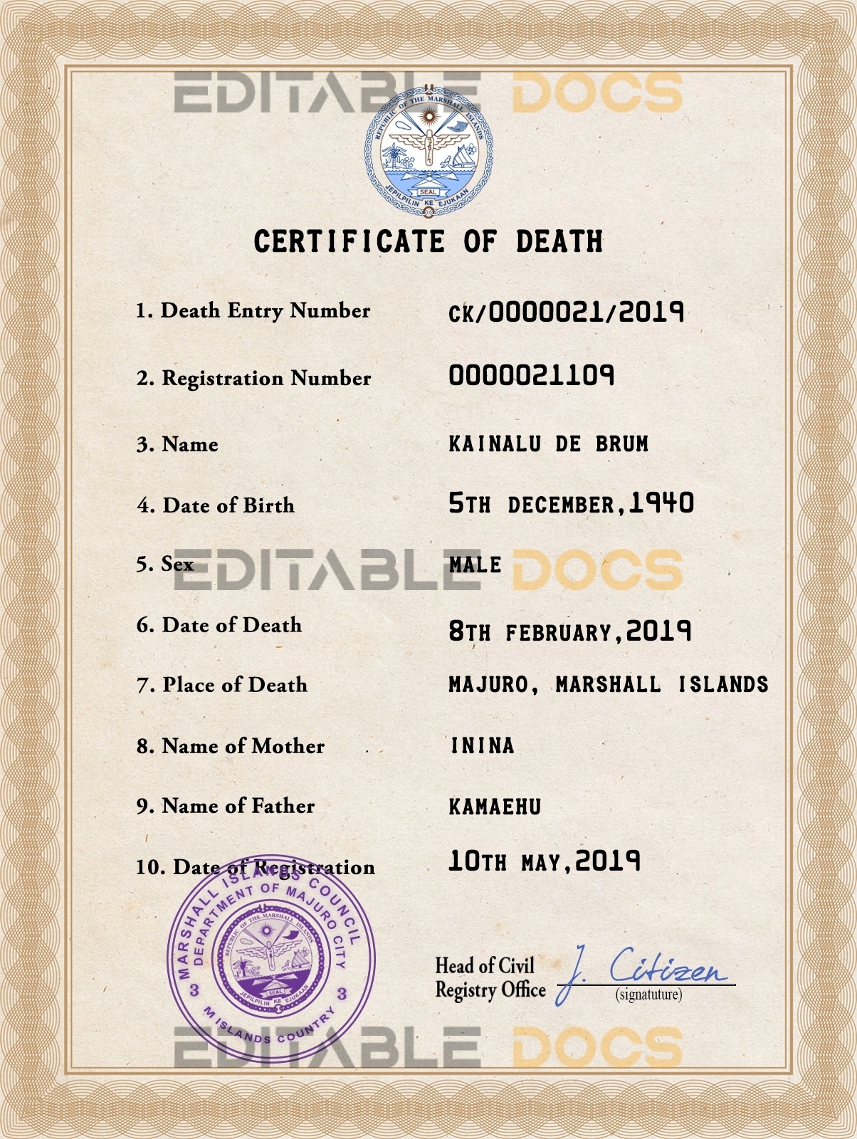 Customizable Marshall Islands Death Certificate PSD Templates | Instant Download