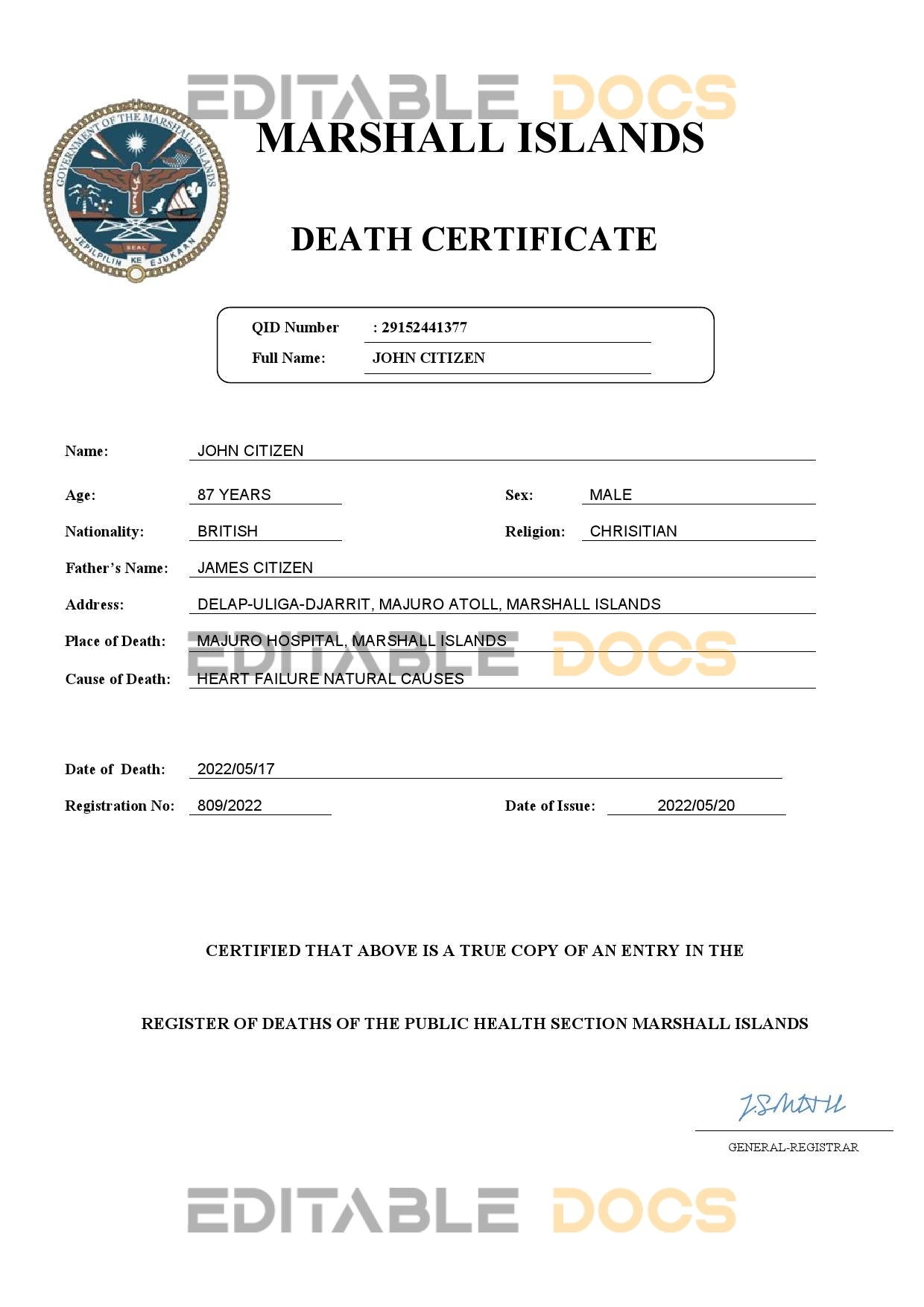 Fillable Marshall Death PDF Templates | Blank Docs