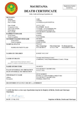 Mauritania vital record death certificate Word and PDF template