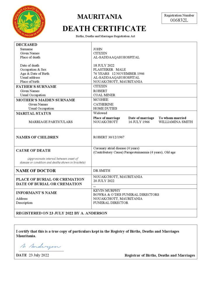 Mauritania vital record death certificate Word and PDF template