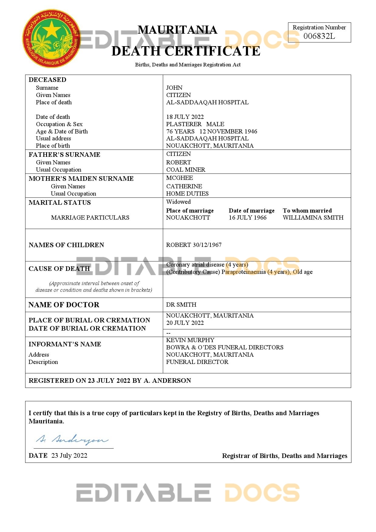Fillable Mauritania Death PDF Templates | Blank Docs