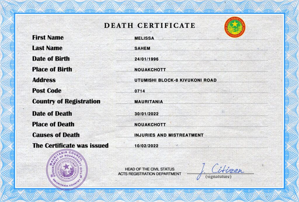Mauritania vital record death certificate PSD template, fully editable