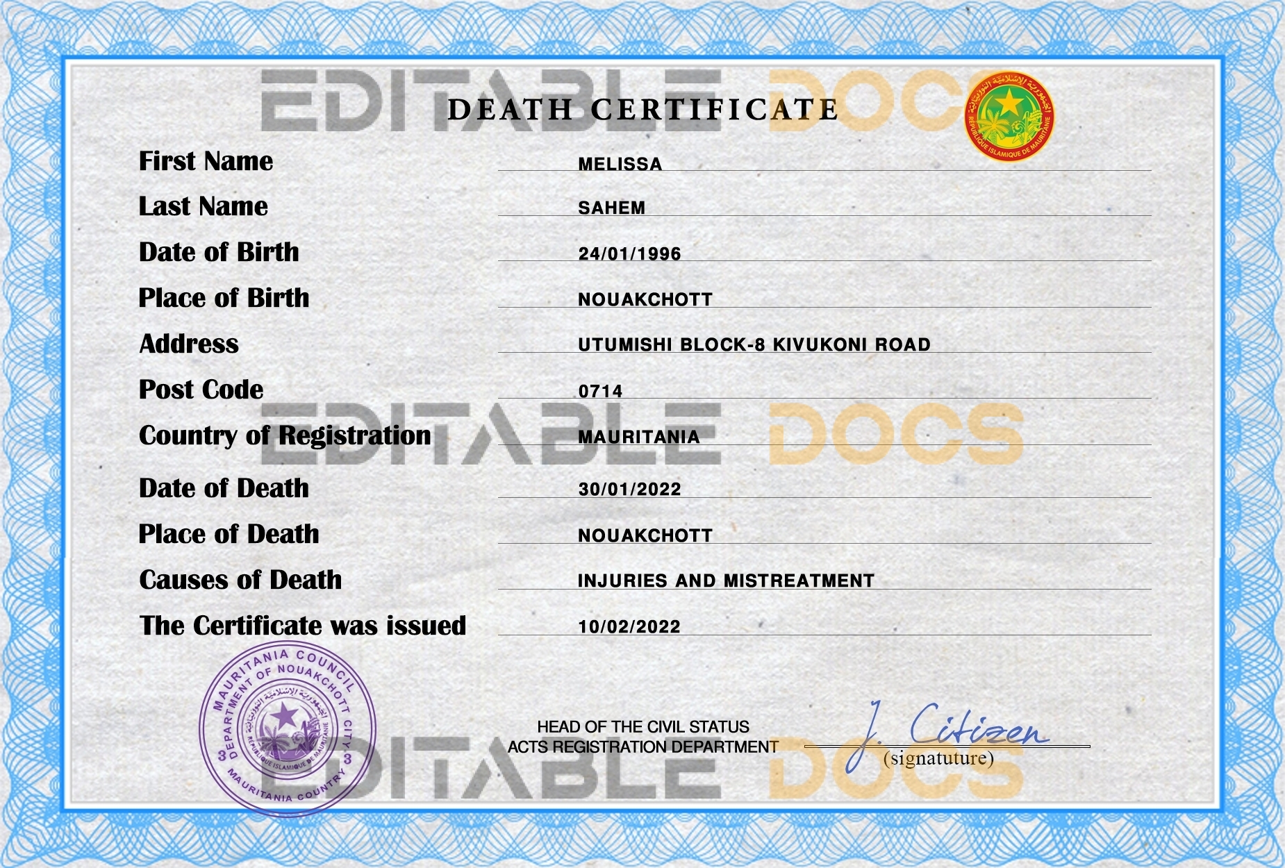 Customizable Mauritania Death Certificate PSD Templates | Instant Download