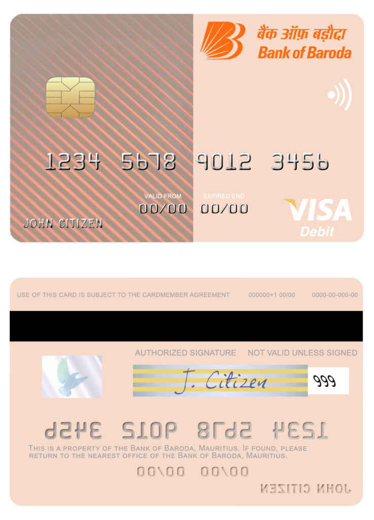 Editable Mauritius Bank of Baroda visa debit card Templates