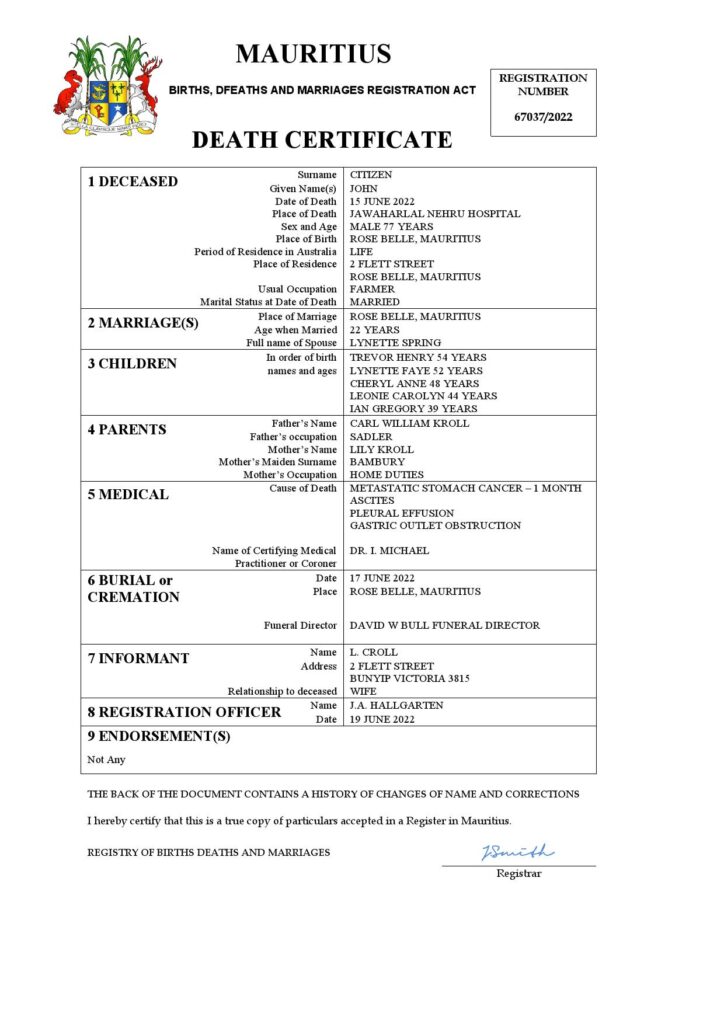 Mauritius death certificate Word and PDF template, completely editable
