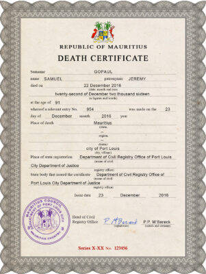 Mauritius vital record death certificate PSD template