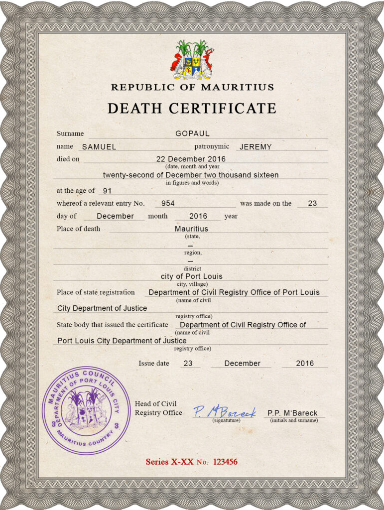 Mauritius vital record death certificate PSD template