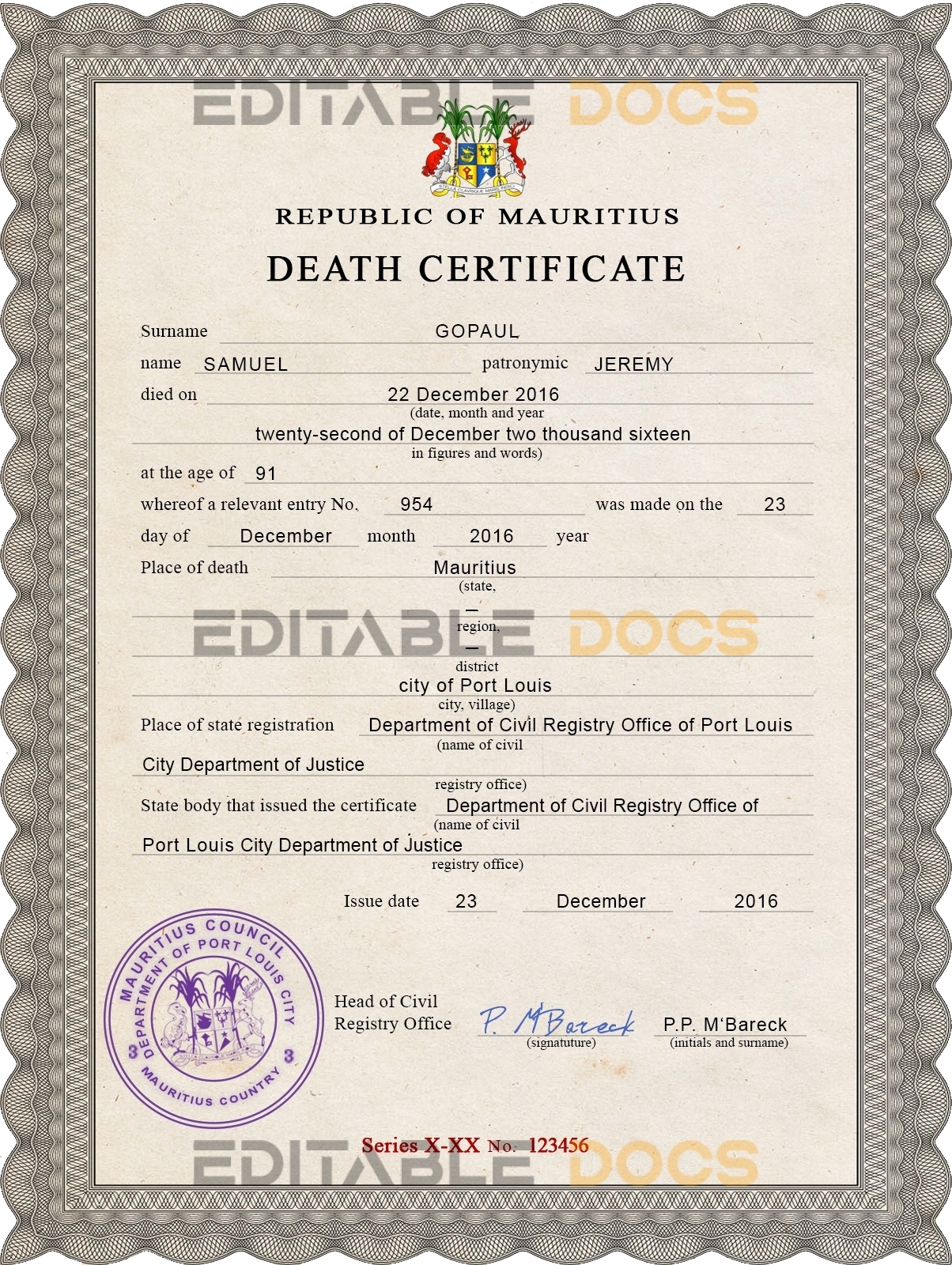 Customizable Mauritius Death Certificate PSD Templates | Instant Download