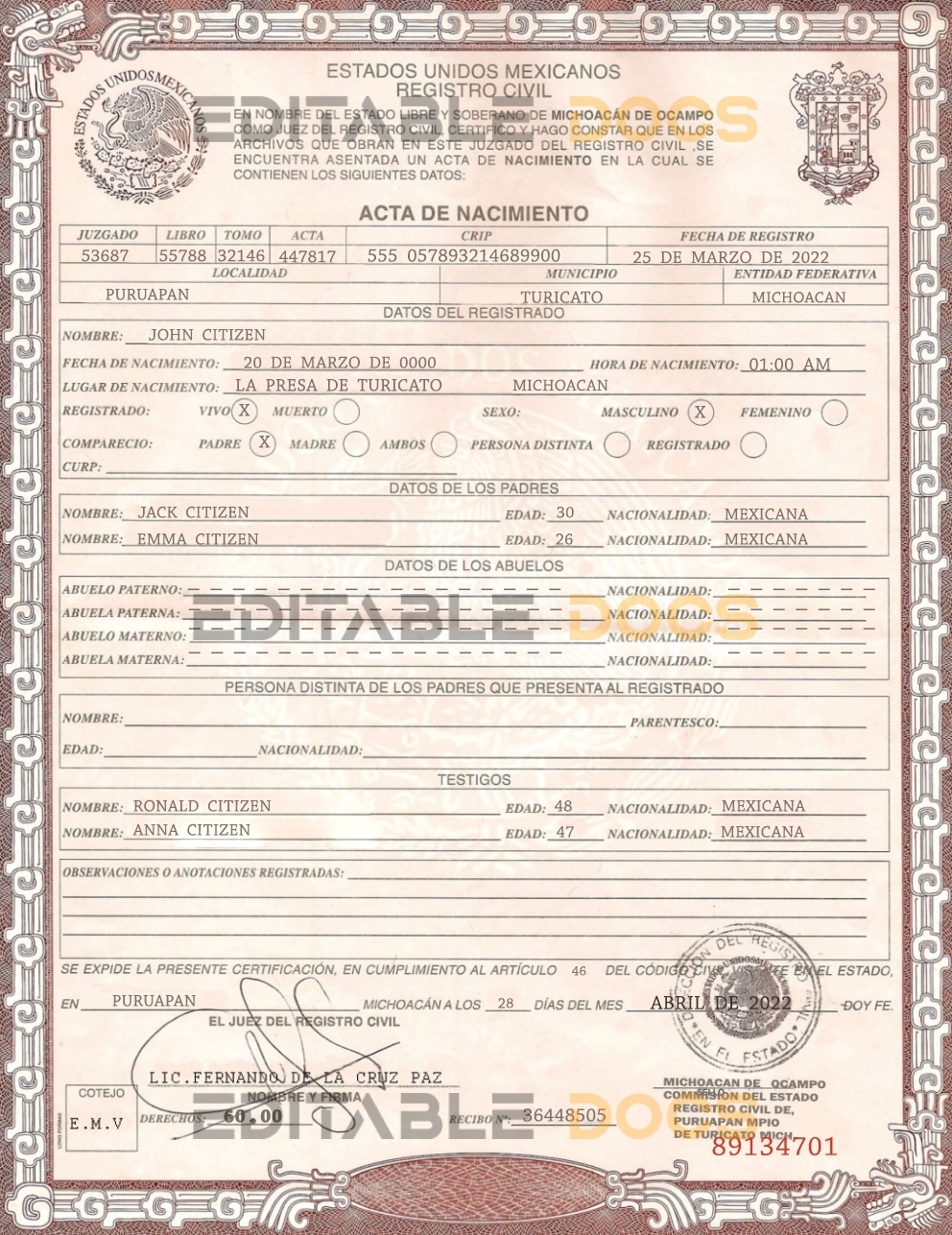 Authentic Mexico Birth Certificate Template | Customize and Download Online