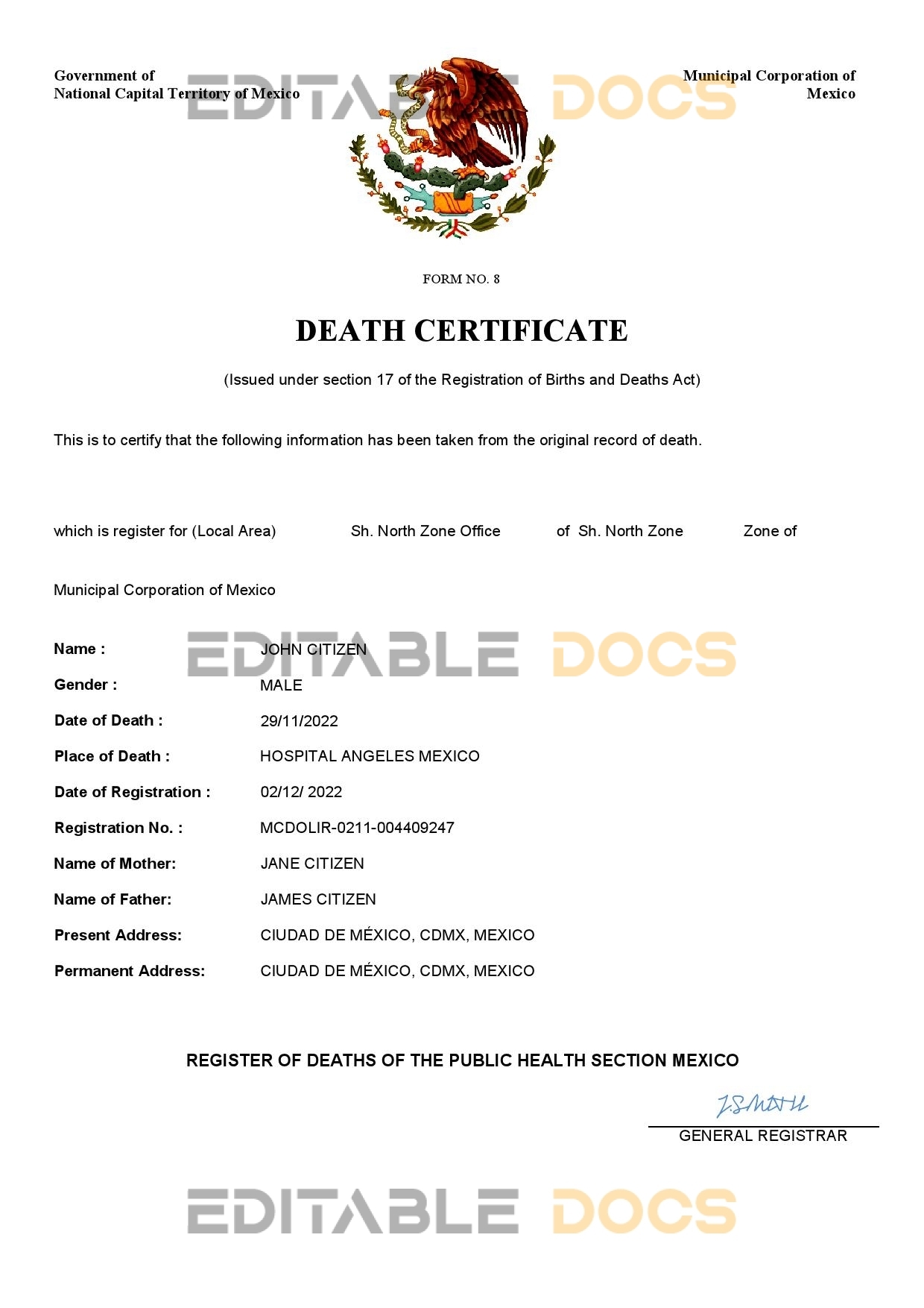 Fillable Mexico Death PDF Templates | Blank Docs