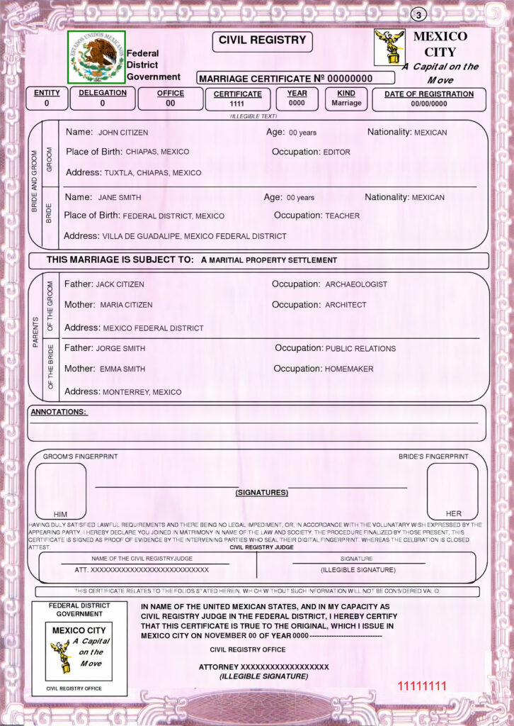 Mexico marriage certificate Word and PDF template, completely editable