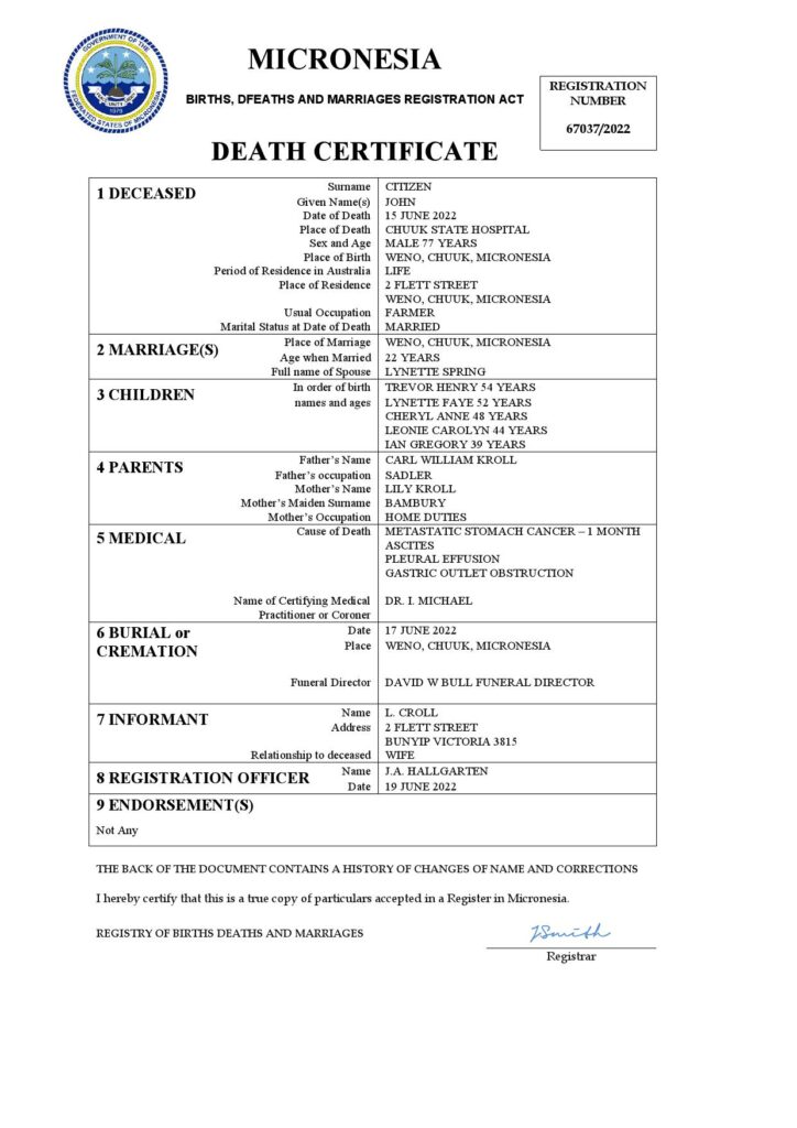 Micronesia vital record death certificate Word and PDF template