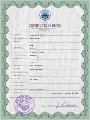 Micronesia vital record death certificate PSD template, fully editable