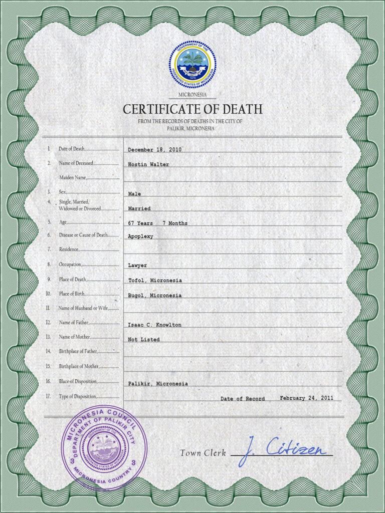 Micronesia vital record death certificate PSD template, fully editable