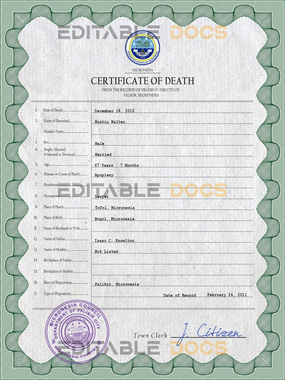 Customizable Micronesia Death Certificate PSD Templates | Instant Download