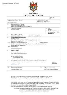 Moldova death certificate Word and PDF template, completely editable