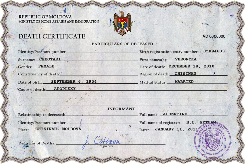 Moldova vital record death certificate PSD template, completely editable
