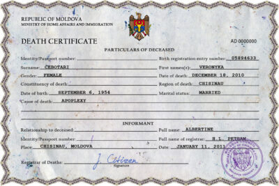 Moldova vital record death certificate PSD template, completely editable
