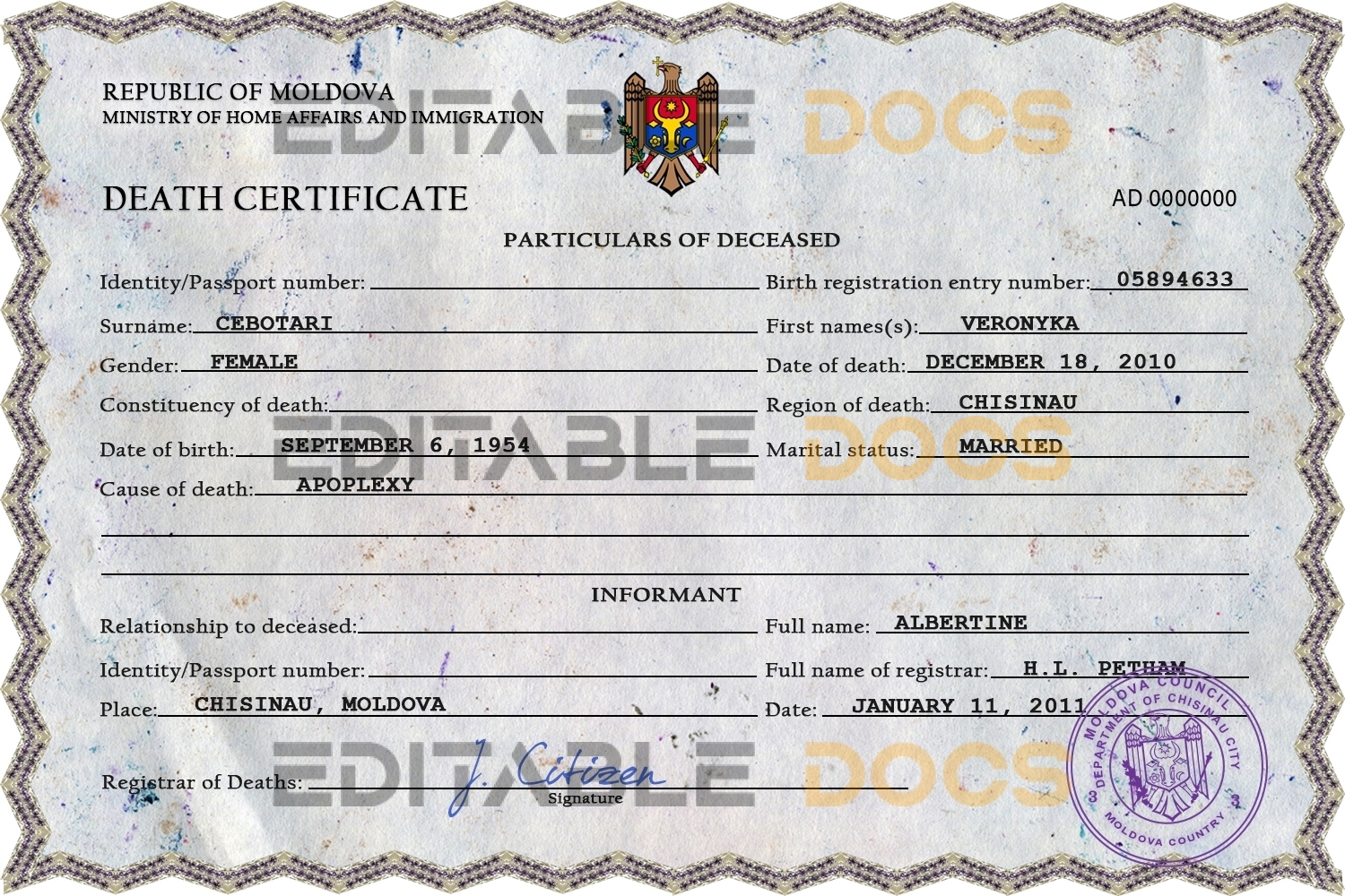 Customizable Moldova Death Certificate PSD Templates | Instant Download