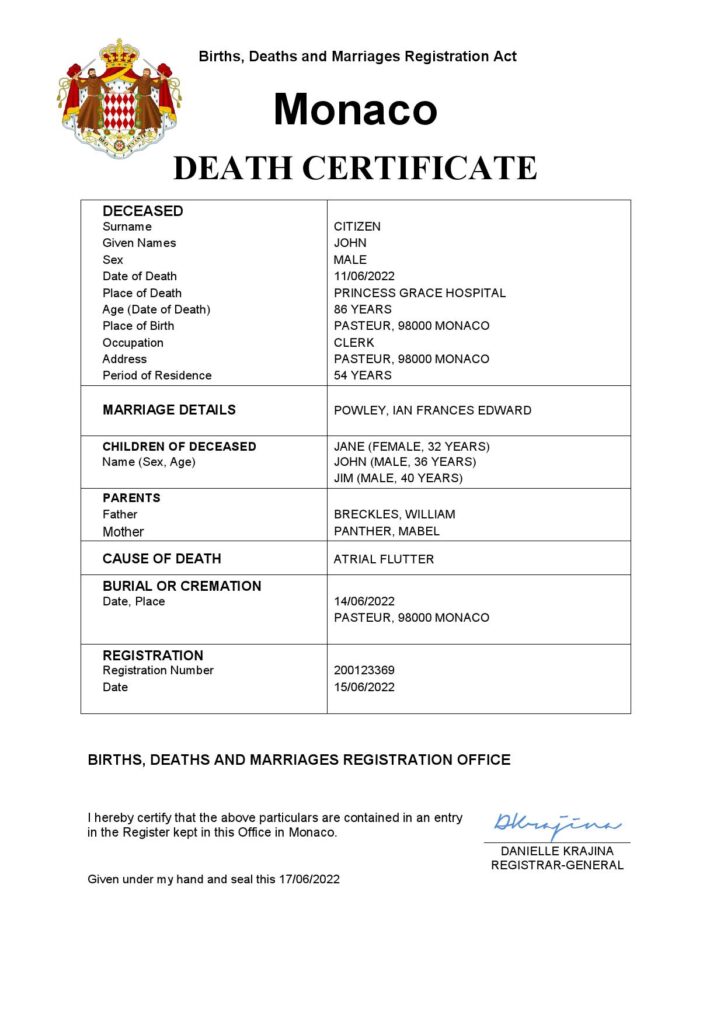 Monaco vital record death certificate Word and PDF template