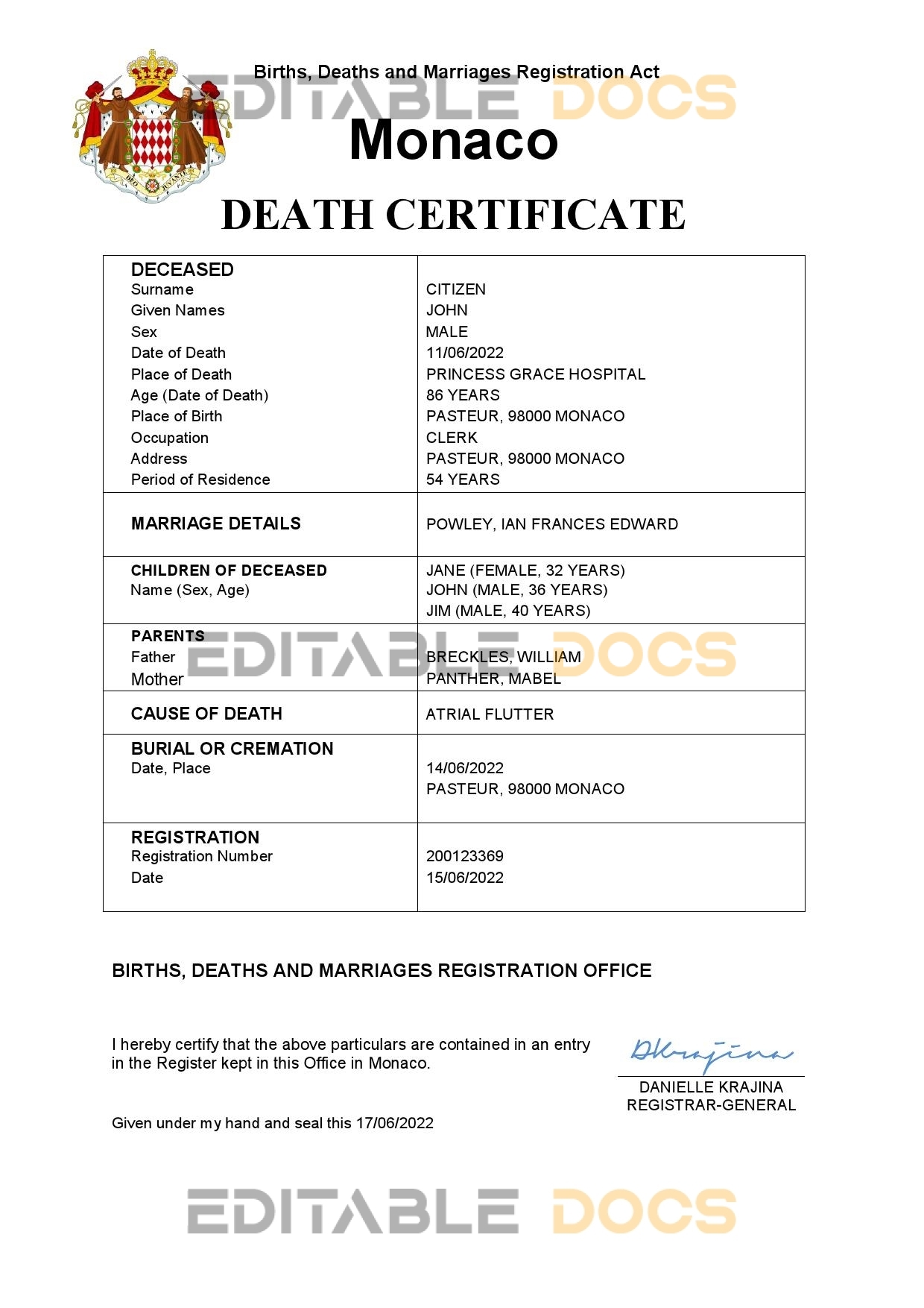 Fillable Monaco Death PDF Templates | Blank Docs