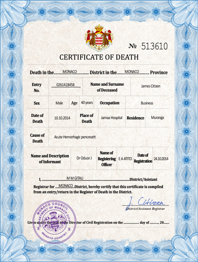Monaco vital record death certificate PSD template