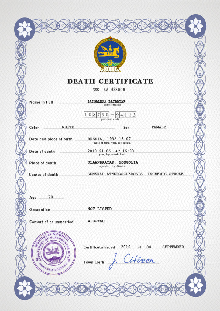 Mongolia death certificate PSD template, completely editable