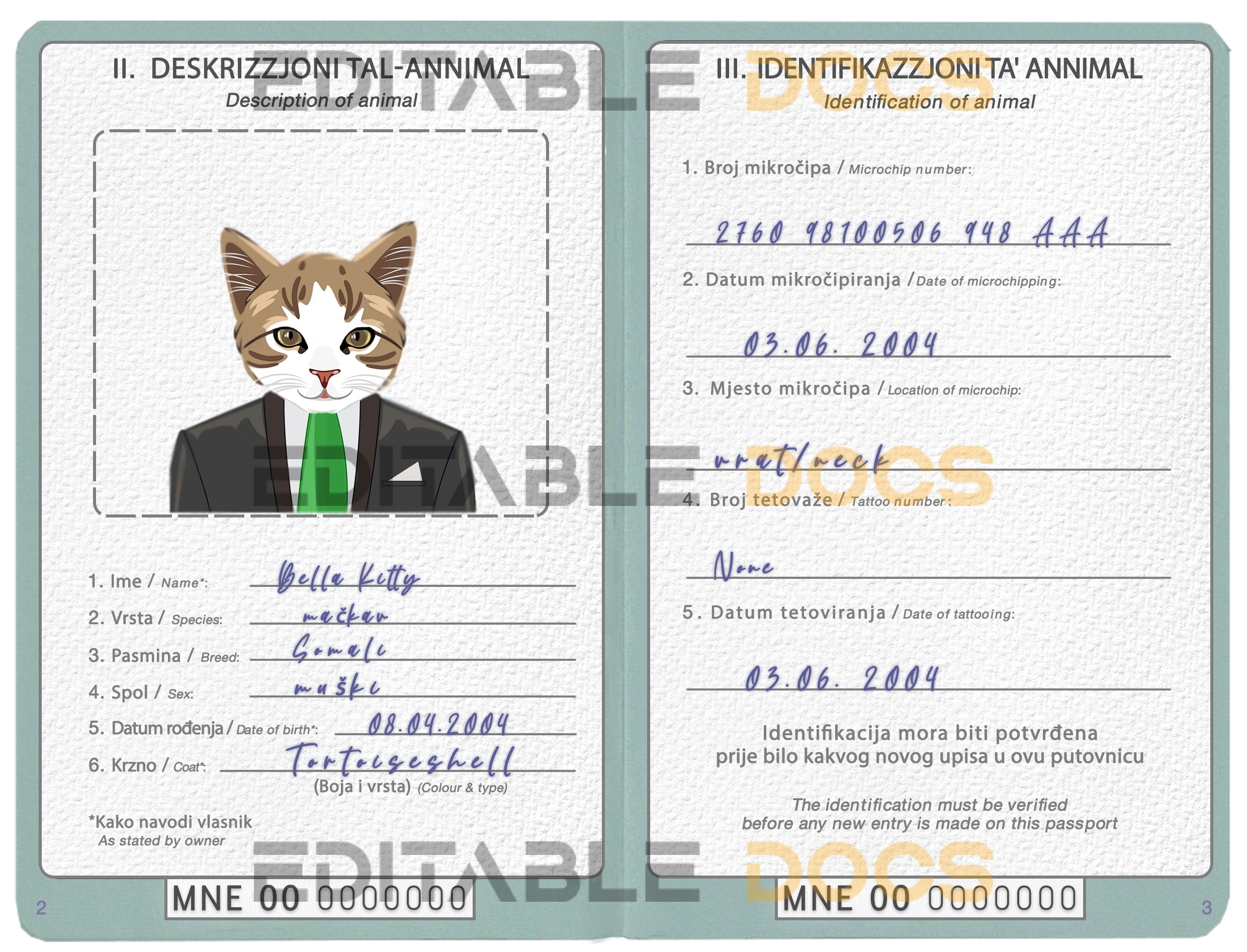 Montenegro cat Fake PSD Passport | Instant Download