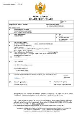 Montenegro death certificate Word and PDF template, completely editable