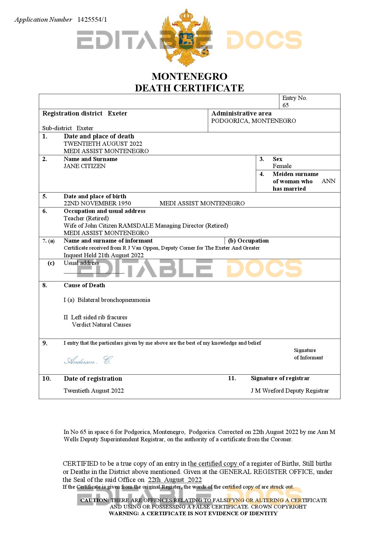 Fillable Montenegro Death PDF Templates | Blank Docs