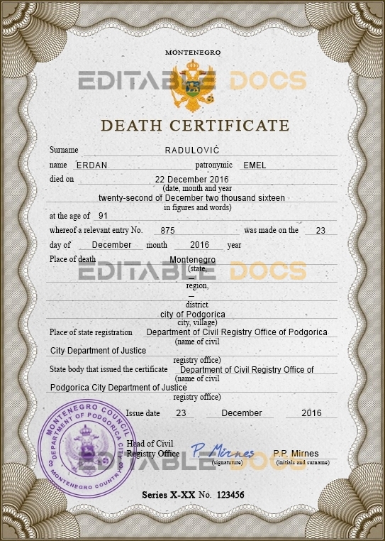 Montenegro vital record death certificate PSD template, fully editable
