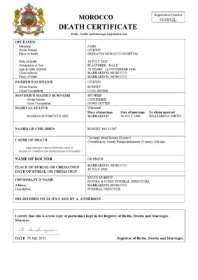 Morocco vital record death certificate Word and PDF template