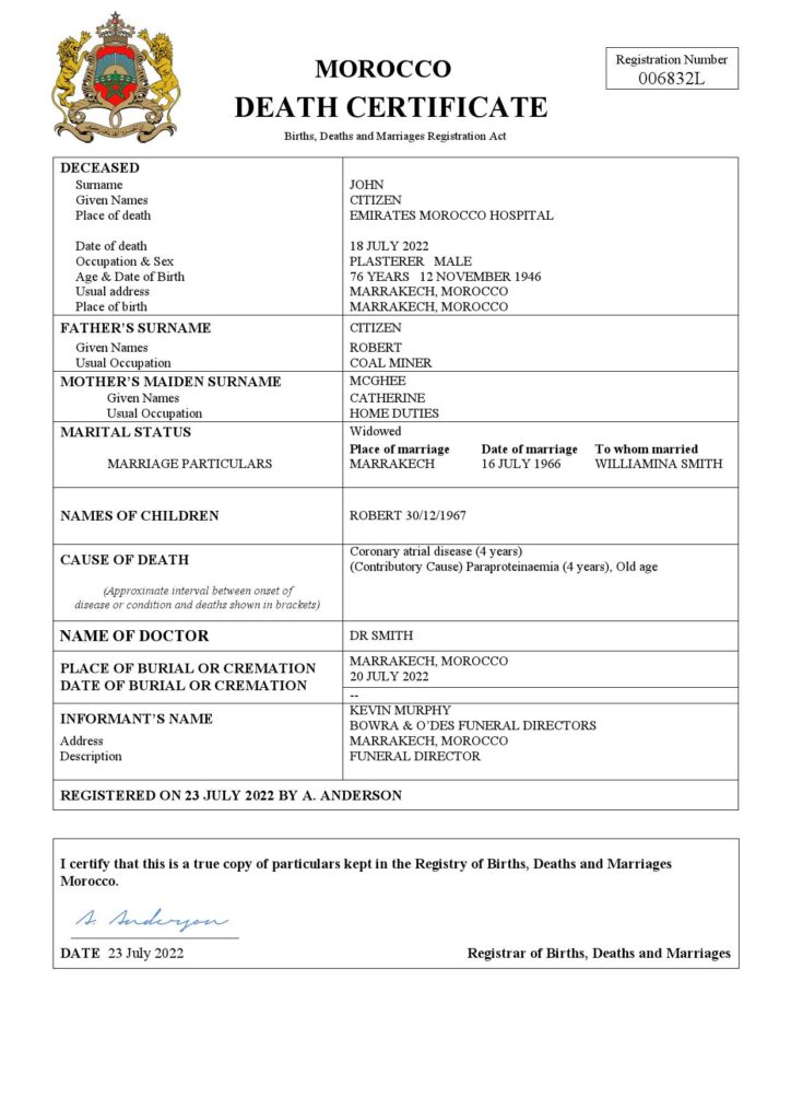 Morocco vital record death certificate Word and PDF template