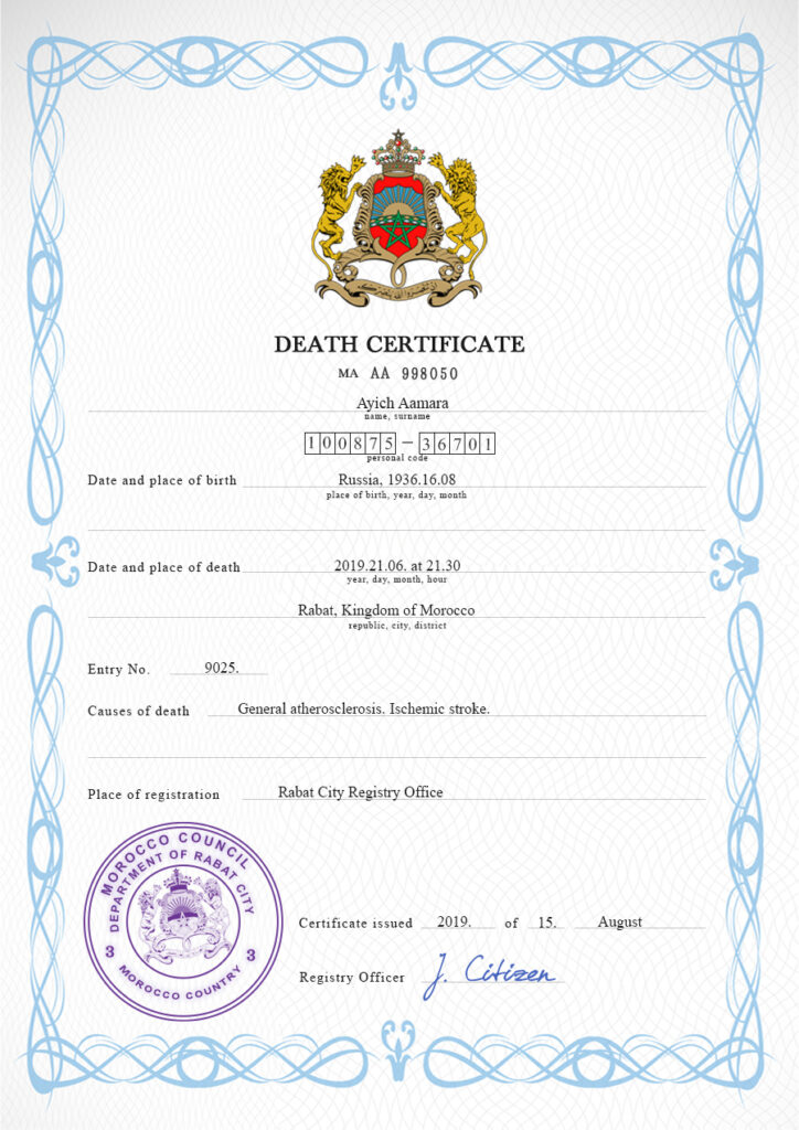Morocco vital record death certificate PSD template, completely editable